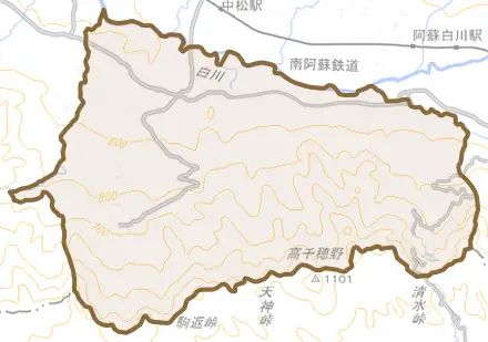 大字久石とその周辺の地図。町の範囲を重ねている