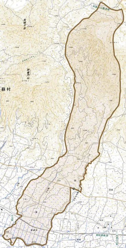 大字一関とその周辺の地図。町の範囲を重ねている