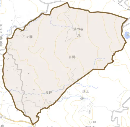 大字長野とその周辺の地図。町の範囲を重ねている