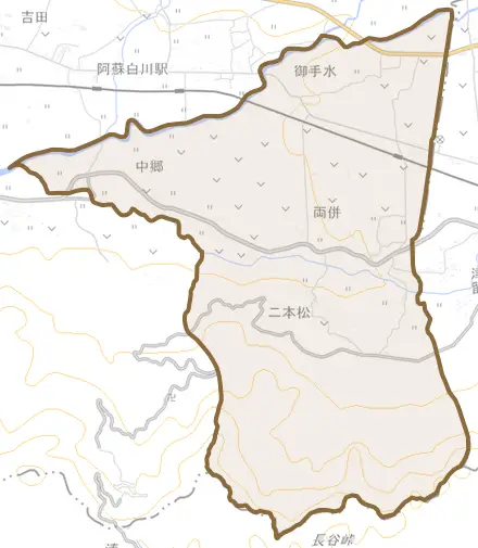 大字両併とその周辺の地図。町の範囲を重ねている