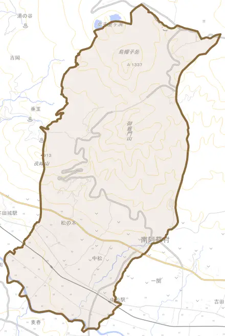 大字中松とその周辺の地図。町の範囲を重ねている