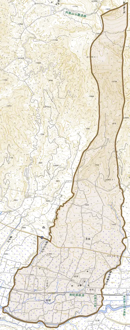 大字吉田とその周辺の地図。町の範囲を重ねている