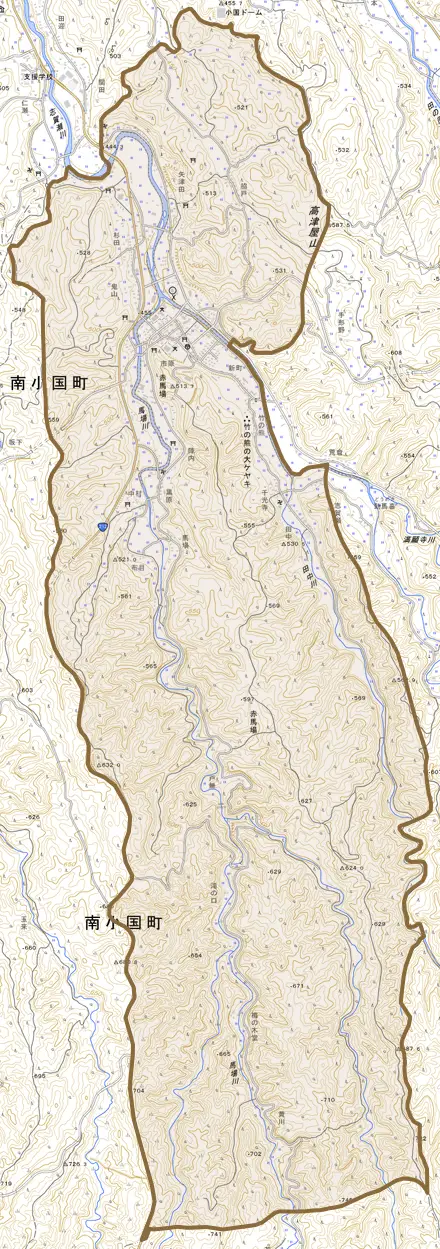 赤馬場とその周辺の地図。町の範囲を重ねている