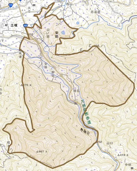 安部とその周辺の地図。町の範囲を重ねている