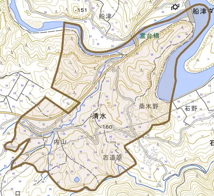 清水とその周辺の地図。町の範囲を重ねている