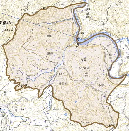 古閑とその周辺の地図。町の範囲を重ねている