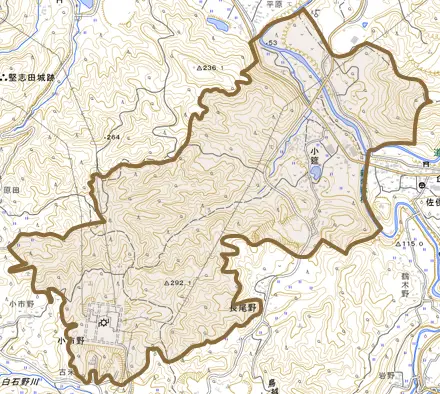 小筵とその周辺の地図。町の範囲を重ねている