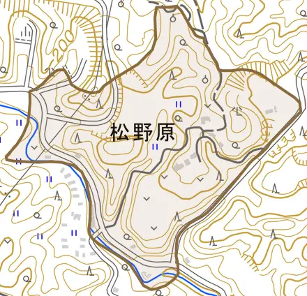 松野原とその周辺の地図。町の範囲を重ねている