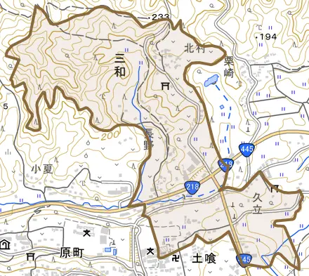 三和とその周辺の地図。町の範囲を重ねている