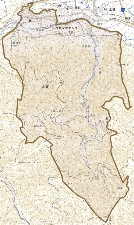 永富とその周辺の地図。町の範囲を重ねている