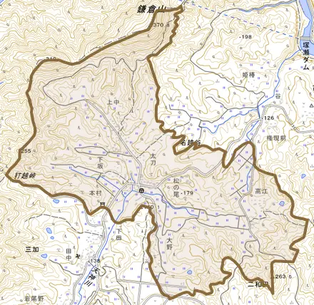 名越谷とその周辺の地図。町の範囲を重ねている