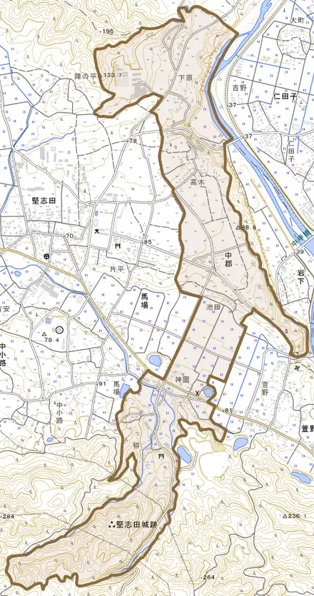 中郡とその周辺の地図。町の範囲を重ねている