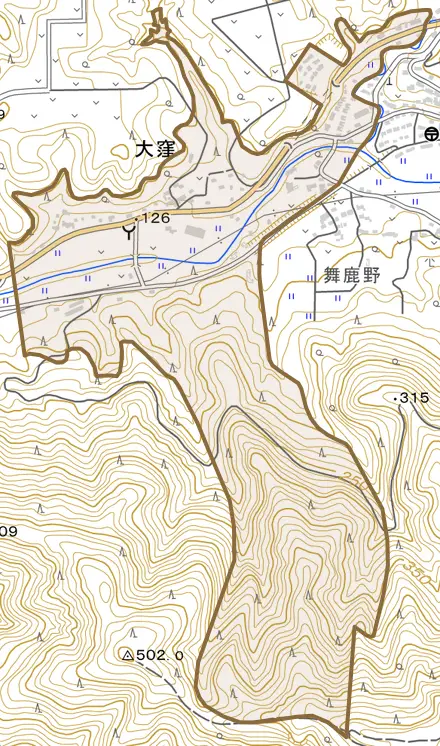 大窪とその周辺の地図。町の範囲を重ねている
