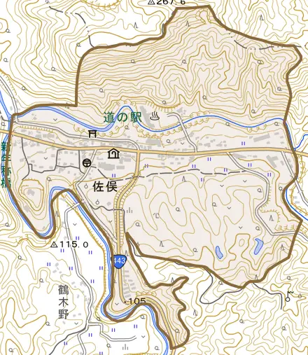 佐俣とその周辺の地図。町の範囲を重ねている