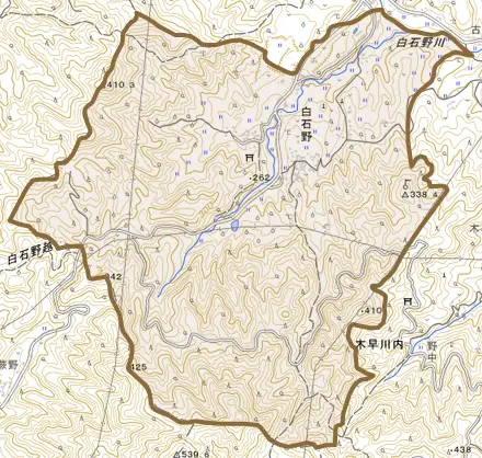 白石野とその周辺の地図。町の範囲を重ねている