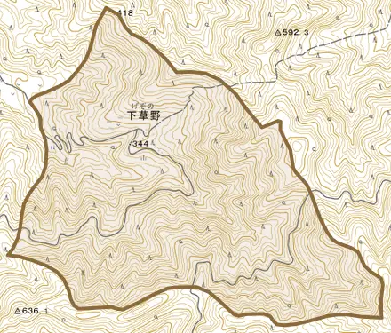 下草野とその周辺の地図。町の範囲を重ねている