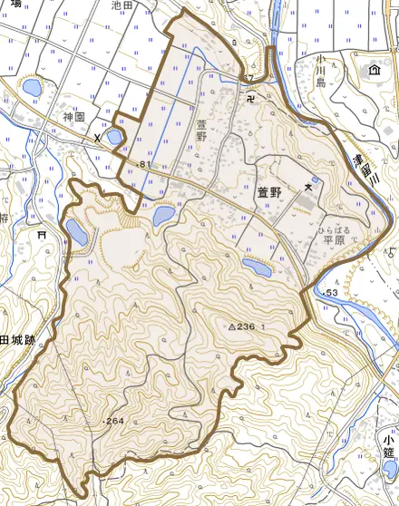 萱野とその周辺の地図。町の範囲を重ねている