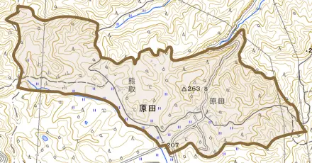 原田とその周辺の地図。町の範囲を重ねている