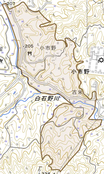 小市野とその周辺の地図。町の範囲を重ねている