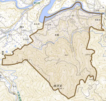 石野とその周辺の地図。町の範囲を重ねている