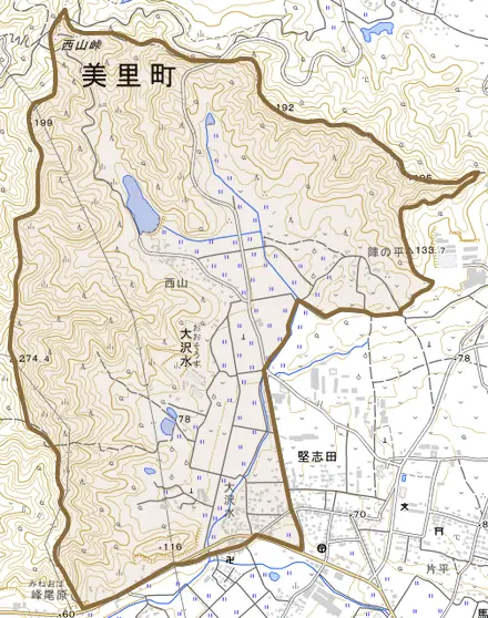 大沢水とその周辺の地図。町の範囲を重ねている