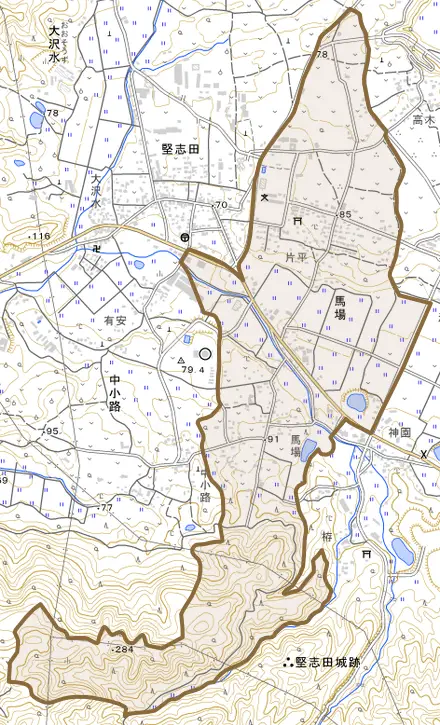 馬場とその周辺の地図。町の範囲を重ねている
