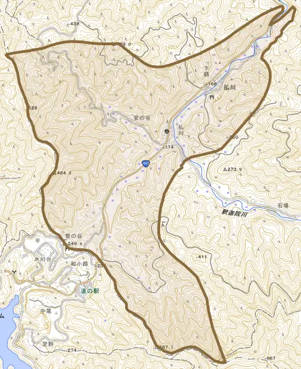 払川とその周辺の地図。町の範囲を重ねている