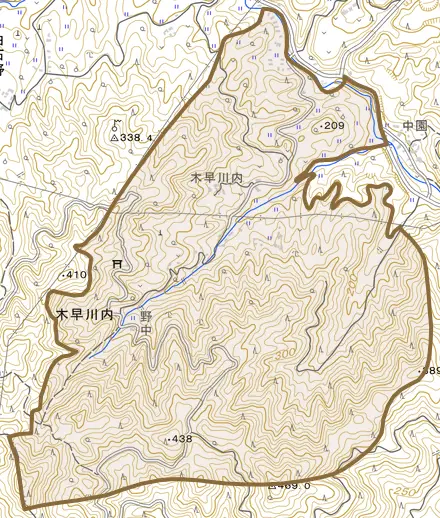 木早川内とその周辺の地図。町の範囲を重ねている