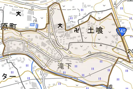 土喰とその周辺の地図。町の範囲を重ねている