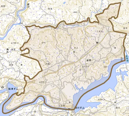 畝野とその周辺の地図。町の範囲を重ねている