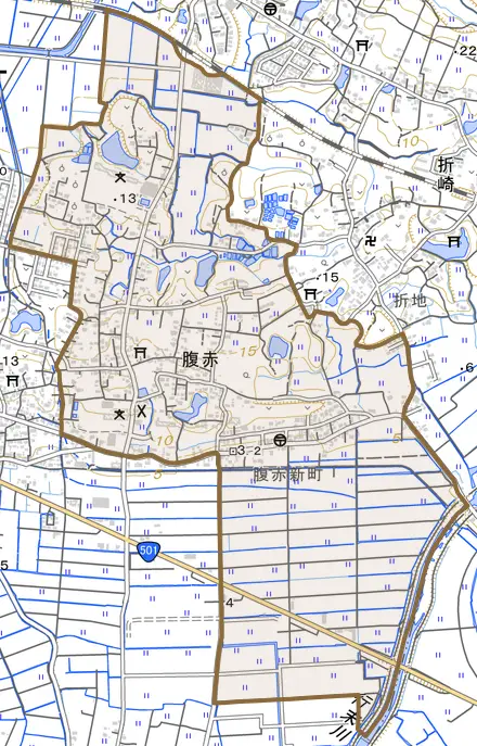 大字腹赤とその周辺の地図。町の範囲を重ねている