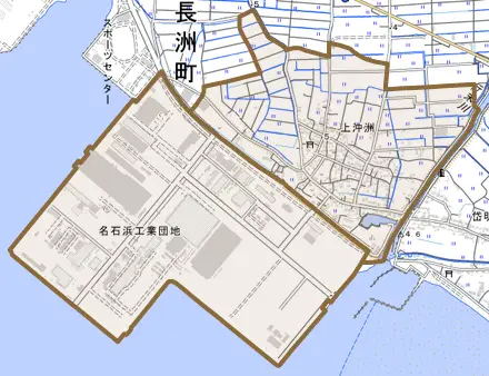 大字上沖洲とその周辺の地図。町の範囲を重ねている