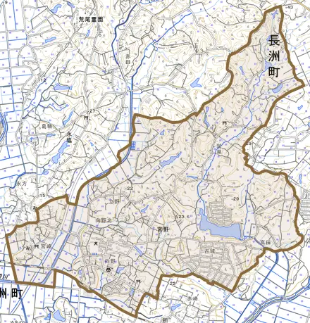 大字宮野とその周辺の地図。町の範囲を重ねている