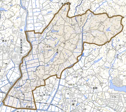大字永塩とその周辺の地図。町の範囲を重ねている