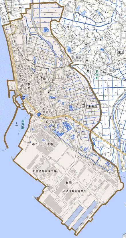大字長洲とその周辺の地図。町の範囲を重ねている