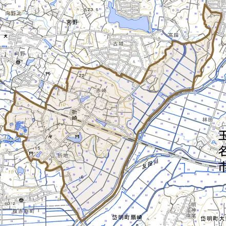 大字折崎とその周辺の地図。町の範囲を重ねている