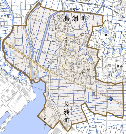 大字清源寺とその周辺の地図。町の範囲を重ねている