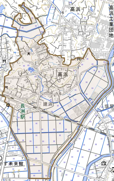 大字高浜とその周辺の地図。町の範囲を重ねている