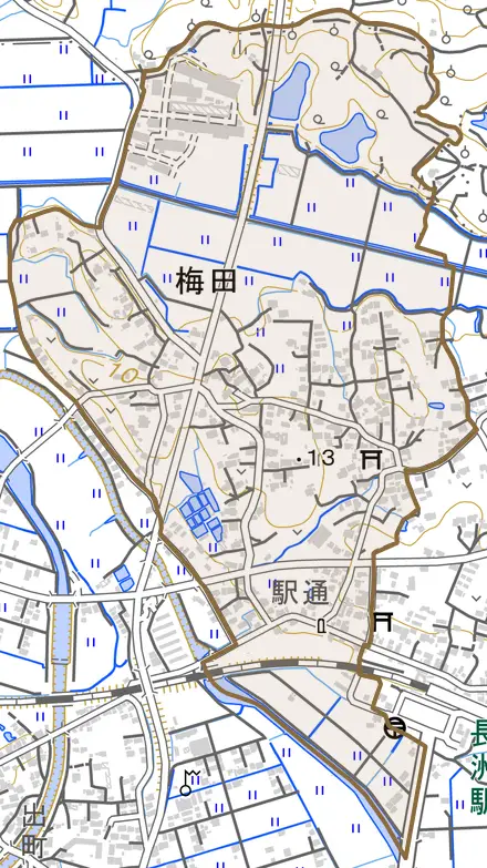 大字梅田とその周辺の地図。町の範囲を重ねている