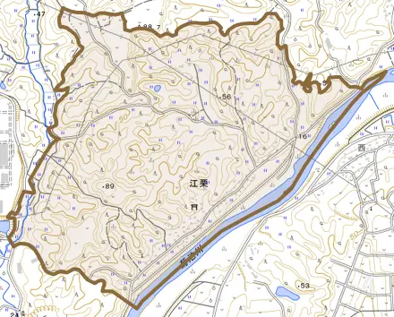 江栗とその周辺の地図。町の範囲を重ねている