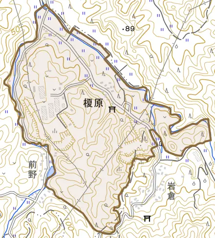 榎原とその周辺の地図。町の範囲を重ねている
