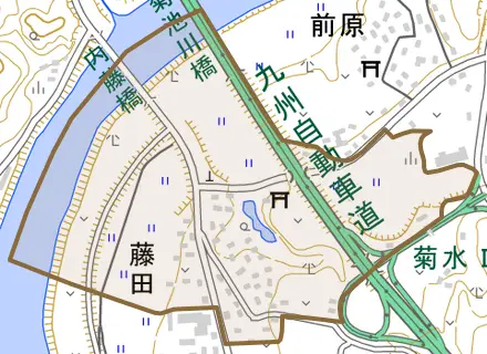 藤田とその周辺の地図。町の範囲を重ねている