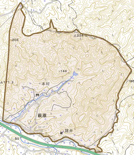 萩原とその周辺の地図。町の範囲を重ねている