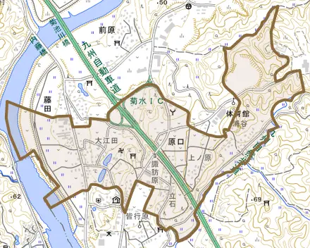 原口とその周辺の地図。町の範囲を重ねている