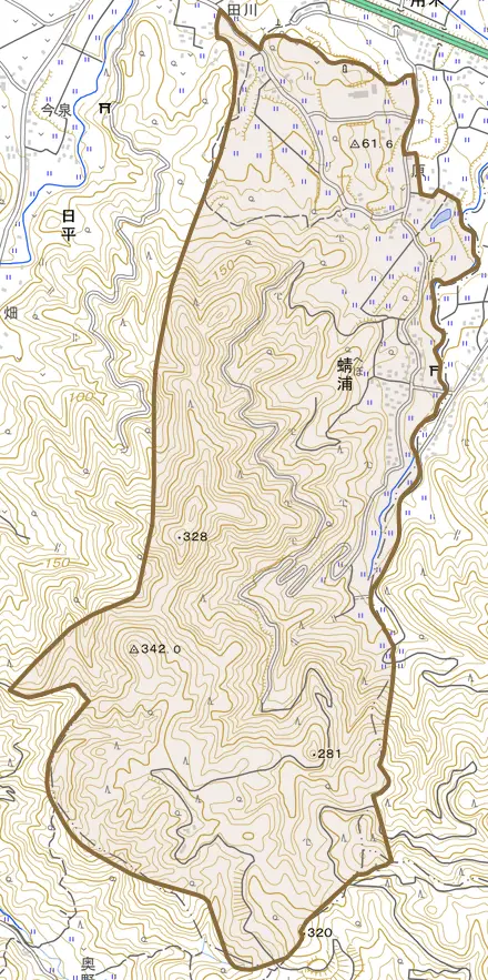 蜻浦とその周辺の地図。町の範囲を重ねている