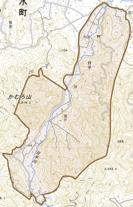 日平とその周辺の地図。町の範囲を重ねている