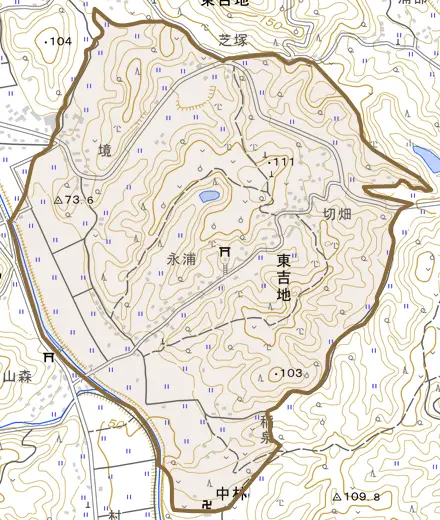 東吉地とその周辺の地図。町の範囲を重ねている
