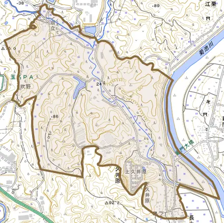 久井原とその周辺の地図。町の範囲を重ねている