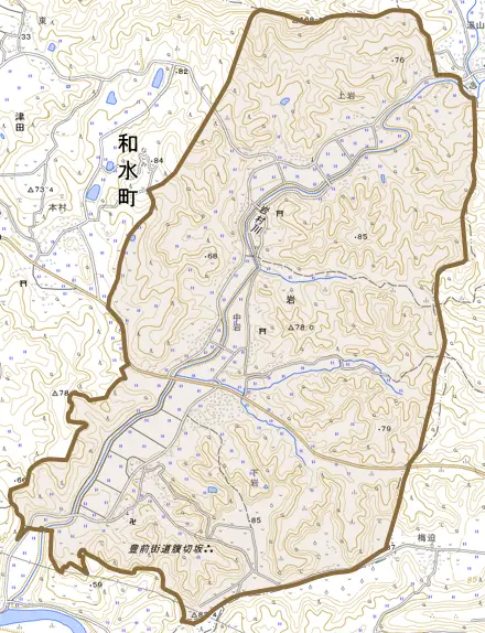 岩とその周辺の地図。町の範囲を重ねている