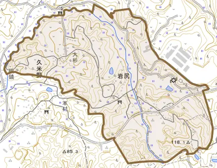 岩尻とその周辺の地図。町の範囲を重ねている